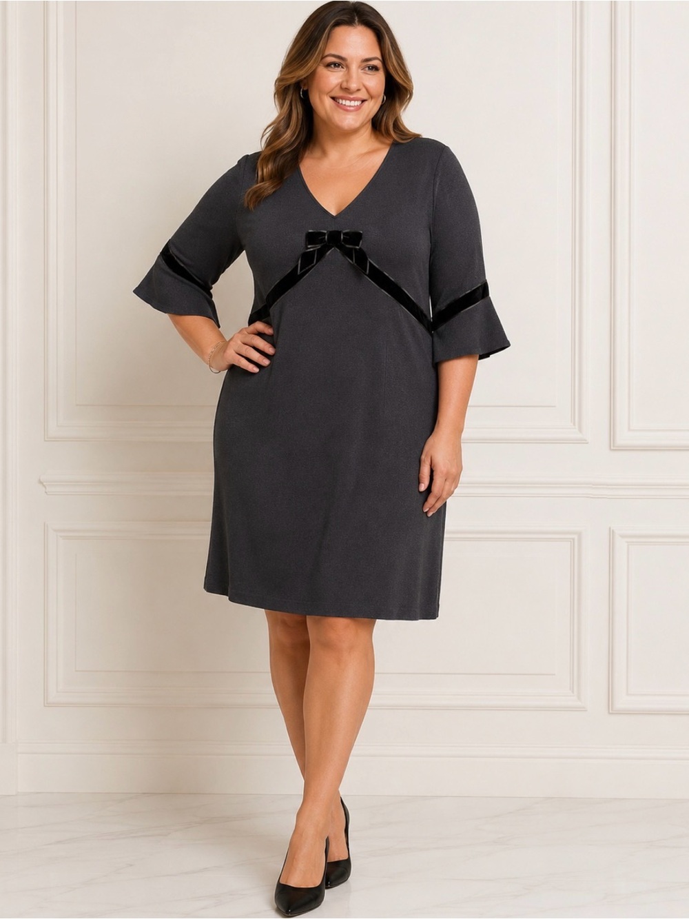St. John Evening by Marie Gray Black Knit Velvet Bow A-Line Dress Size 14 USA